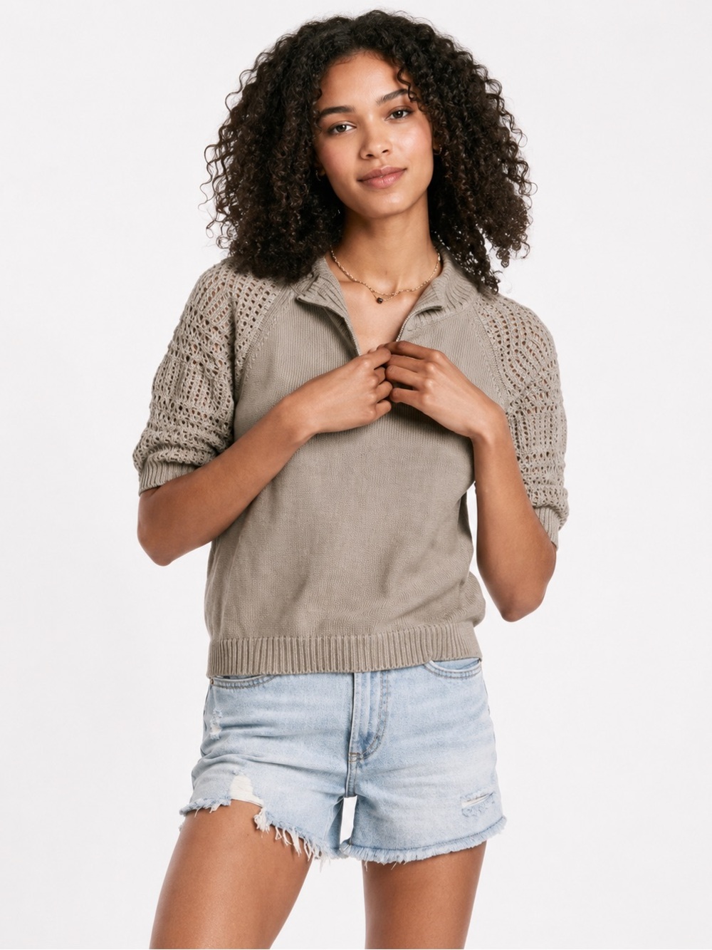 Another Love Open Knit Sleeves V-Neck Pullover Sweater Top - Sage Green Size L
